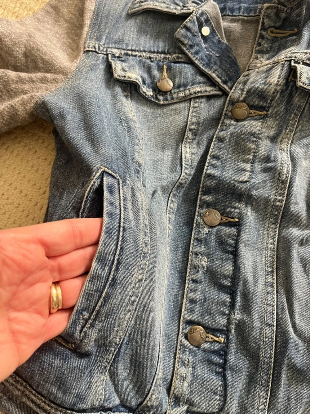 Free People Denim Jacket with Heather Gray Knit Sleeves - Blue & Gray - Picture 6 of 6